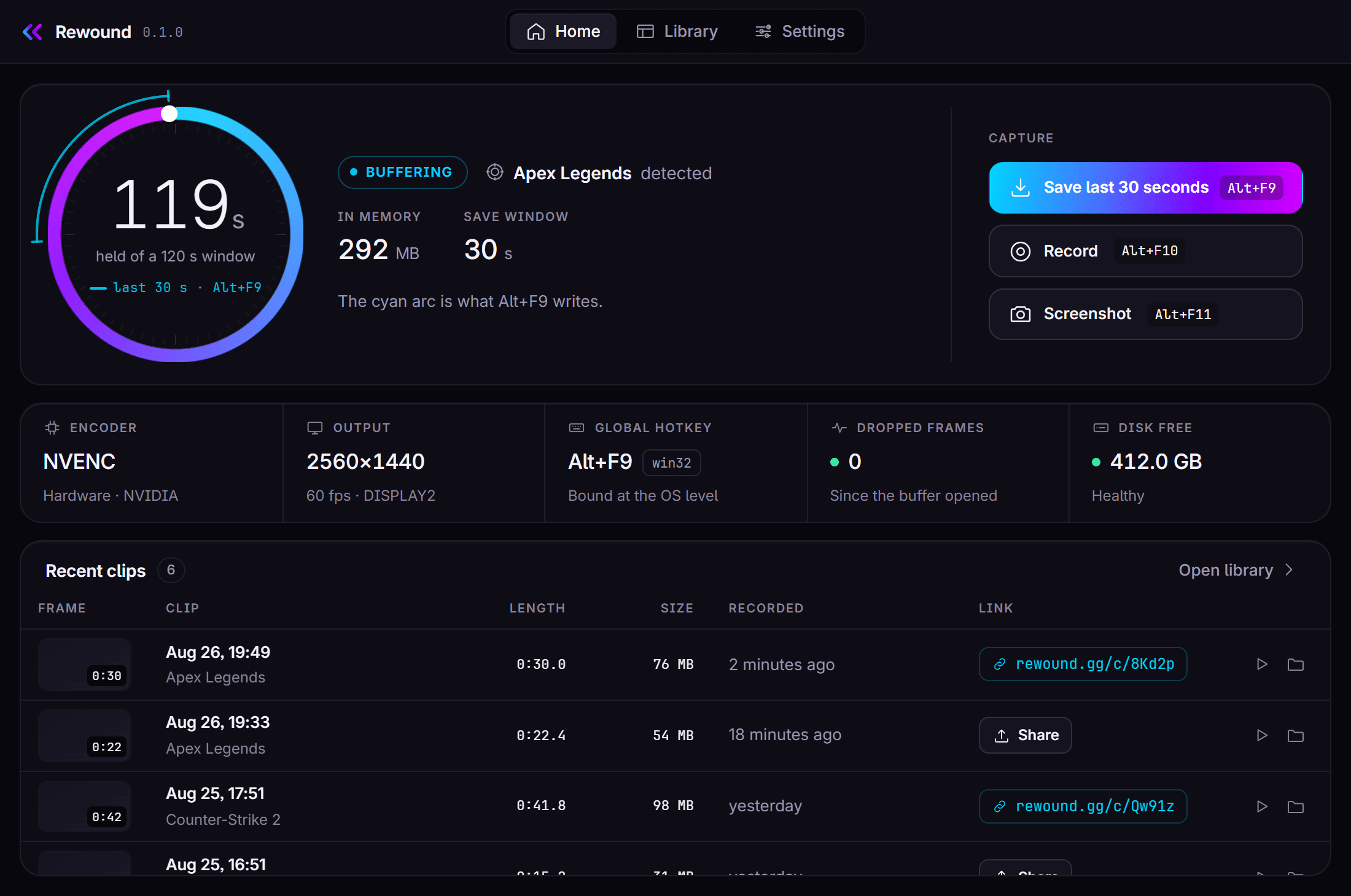 Rewound's home screen: a dial showing how much of the buffer is held, the save, record and screenshot hotkeys, and a list of recent clips.